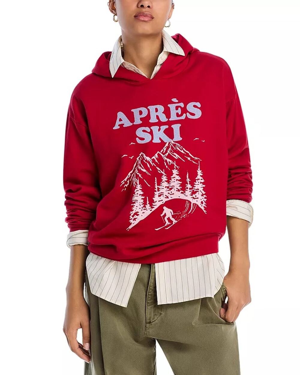 AQUA Athletic Women Red Cotton Fleece Lined Aprés Ski Graphic Hoodie Size XS